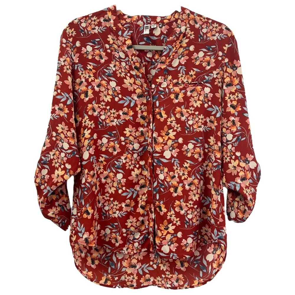 Kut From The‎ Kloth Women’s Rust Floral Long Roll Tab Sleeve Blouse Sz SP